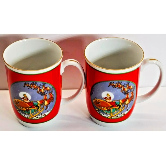 Christmas Santa Reindeer Mugs Cups set of 2 Otagiri Japan Vintage - Picture 4 of 7